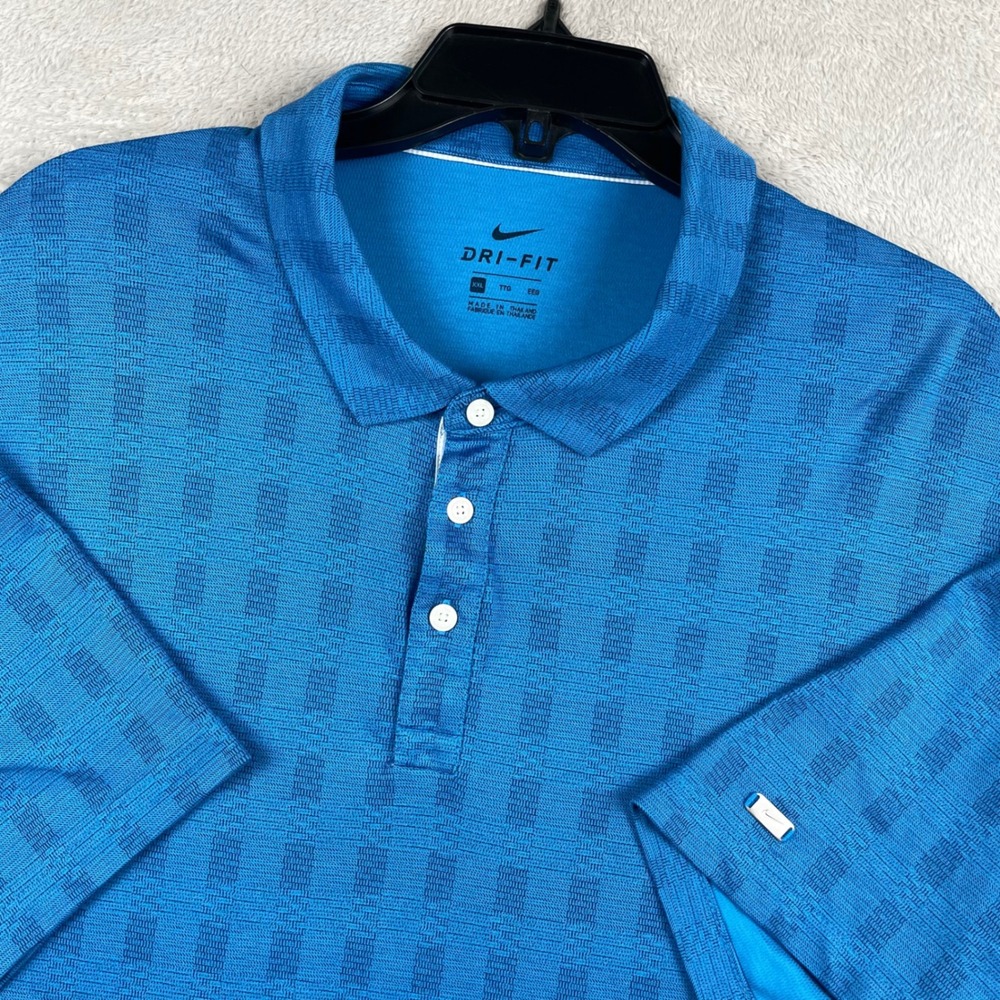 Nike Dri-Fit Polo Shirt Mens 2XL Blue Geometric Squares Pattern Golf Wicking